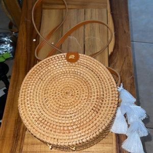 Rattan Circle Purse with Leather Strap Crossbody women Summer bag